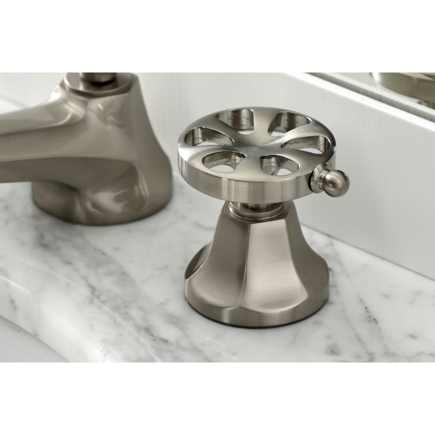 Kingston Tulare KS4468RX - Belknap Two-Handle 3-Hole Deck Mount Widespread Bathroom Faucet with Brass Pop-Up, Brushed Nickel — image 1
